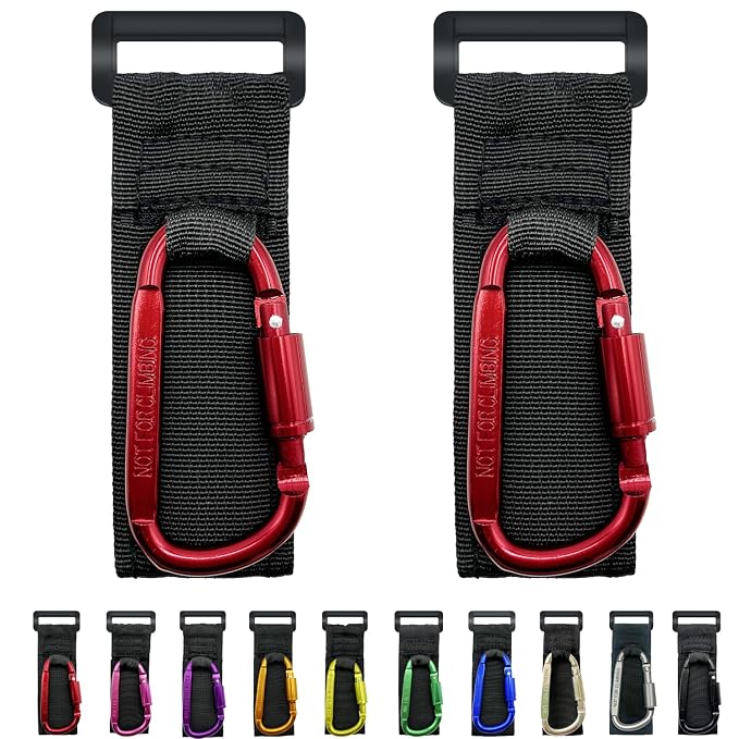Baby Stroller Hook, Carry 30 lbs per Stroller Carabiner Clip, Adjustable Baby Stroller & Car Seat Hook for Hanging Diaper Bag, Wheelchair,Golf cart, Shopping and Pet Cart(2 Pcs Red)
