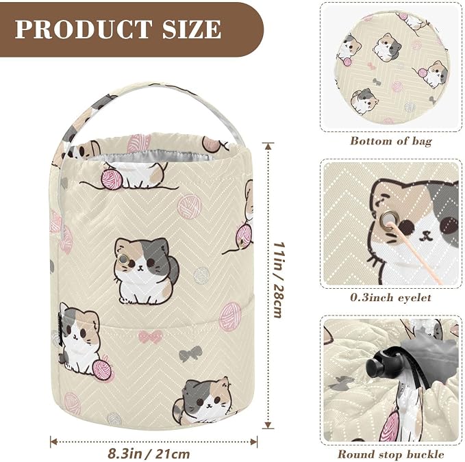 Tatenale Crochet Bag Yarn Bag Knitting Project Bag with Pockets and Handle Portable Yarn Storage Organizer Tangle Free 8.3x11 Inch Cats Cute