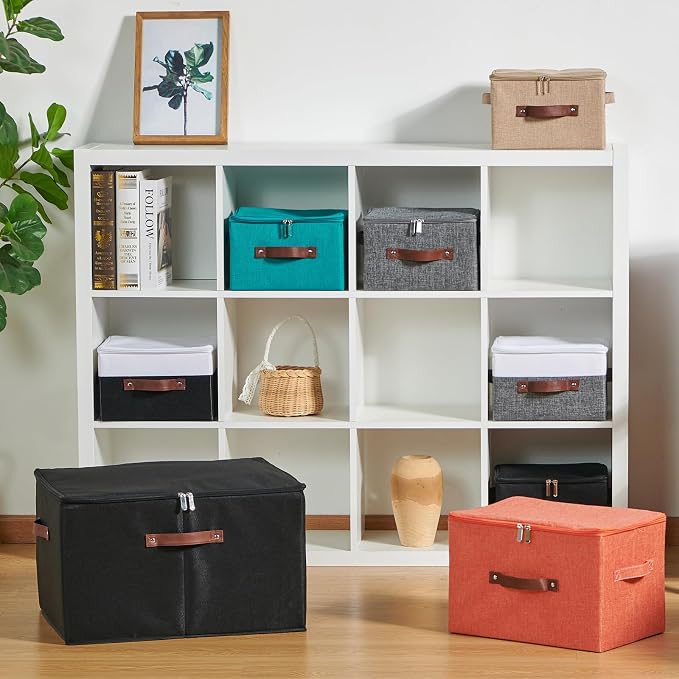 2PCS Storage Bins with Zipper Lids Decorative Lidded Basket Box | Clothes Container, Closet Shelf Organizer, Foldable Washable, Cotton Linen Fabric, w/ PU Leather Handles, Purple, Large