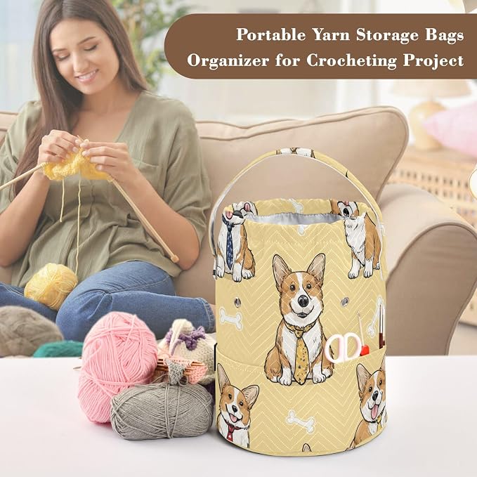 Tatenale Crochet Bag Yarn Bag Knitting Project Bag with Pockets and Handle Portable Yarn Storage Organizer Tangle Free 8.3x11 InchYellow Cute Corgi and Bones42