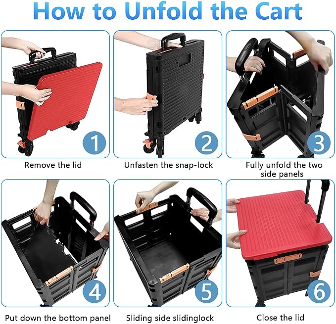 FELICON SELORSS Foldable Utility Cart Folding Portable Rolling Crate-Red | Heavy Duty,Telescoping Handle,4 Rotate Wheels,Collapsible Handcart for Travel Shop Move Luggage Laundry Teacher Office Use