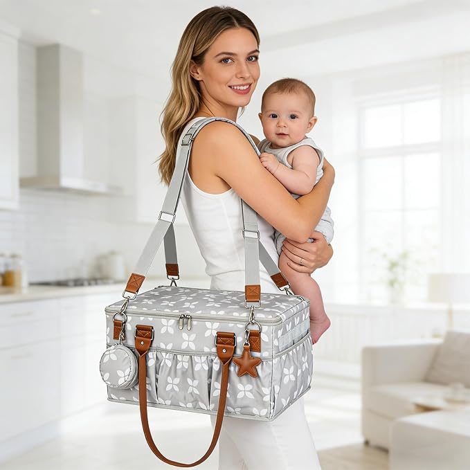 Diaper Caddy with Changing Mat, Large Baby Diaper Caddy Organizer with Lid, Portable Organizer Basket for Nursery and Car, Shoulder Strap and Pacifier Organizer
