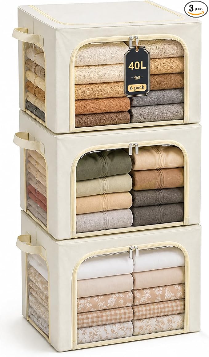 GoMaihe Clothes Storage Bins with Metal Frame for Closet, 40L 3-Pack Beige | Sweaters Hoodies Towel T-Shirt, Closet Top Shelf Linen Closet Organizer, 3 Side Access Clear Window Collapse-Proof, Stackable