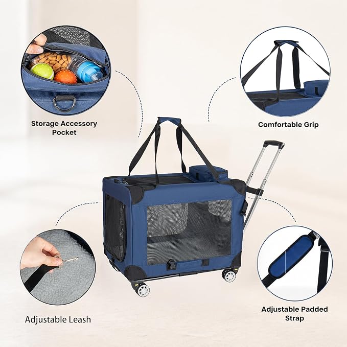 28" Pet Carrier with Wheels, 50 lb Soft Sided Foldable Dog Crate, 3 Mesh Doors, Detachable Wheels, Dark Blue Travel Kennel for Vet Visits and Medium Large Dogs