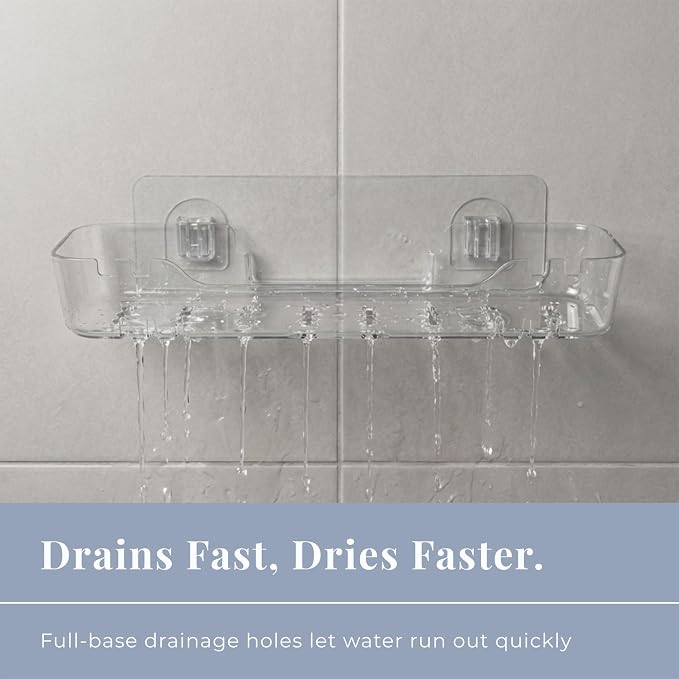 Acrylic Shower Shelf, Clear, 12.2" x 3.54" x 1.77" | Adhesive, No-Drill, Bathroom Wall Shelf, Slim Organizer, Fast Drainage for Shower & Sink Toiletries