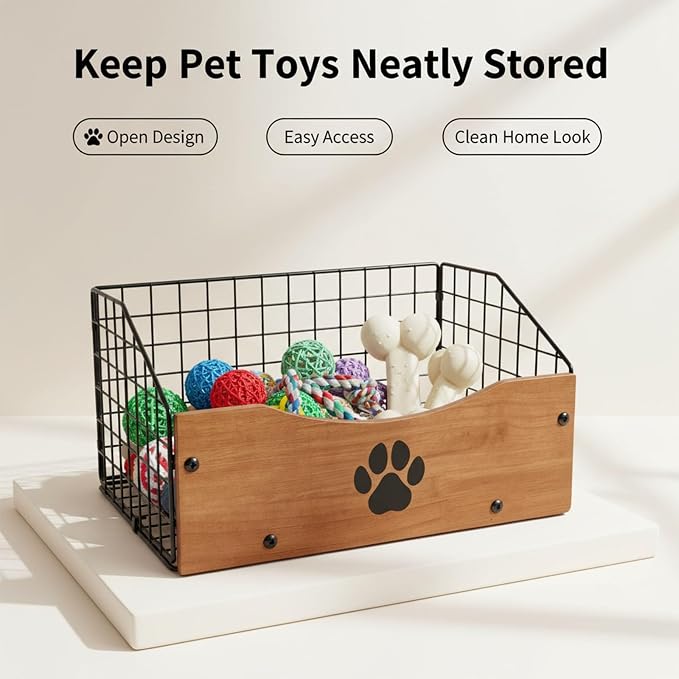 Dog Toy Basket, Wooden Dog Toy Box with Metal Wire Bin, Foldable Pet Toy Storage Organizer with Paw Print Design, Open Dog Toy Holder for Toys, Cat Toys, Blankets, Leashes and Treats, Walnut Brown