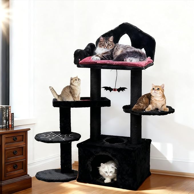 Gothic Cat Tree with Coffin Bed, Cat Tower with Scratching Post, Goth Cat Tower with Spacious Cat Condo Black Cat Tree with Regal Throne Bed, Black Spider Figurine