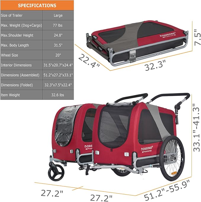 DOGGYHUT® Premium Large Pet Bike Trailer & Stroller Up to 77 lbs (Red) | Bicycle Trailer for Small Medium or Large Dogs, Dog Bicycle Carrier, Low Center of Gravity, Folding Frame Cart
