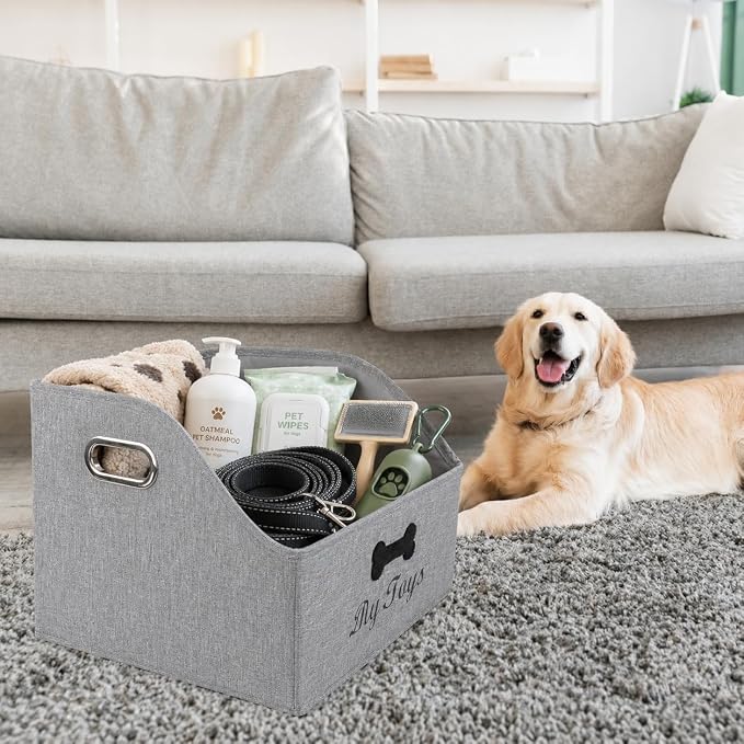 Big Dog Toys Storage Bins Canvas Foldable Fabric Trapezoid with metal handles pet Baskets,Can be Personalized,Storage Bin Large toy box Organizer-Snow Gray