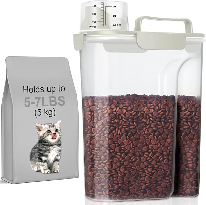 LEAWALK 5Lbs Dog Cat Storage Container Portable with Upgraded Large Spout and Cup, Plastic Pet Food Dispenser for Small Animal Kibble, Bird Seed, Oatmeal, Rice, Flour, Brown Sugart -Elegant White