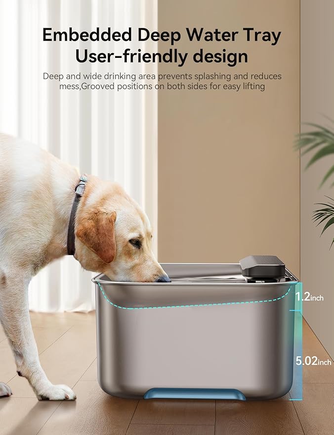 3.2Gal/12L Dog Water Fountain for Large Dogs, Stainless Steel Dog Water Bowl Dispenser with Deeper & Wider Drinking Area, FEELNEEDY Automatic Pet Fountain with Window & LED Light
