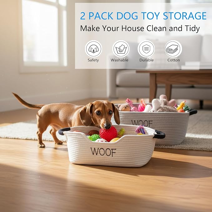 Morezi Dog Toy Basket 2 Pieces Woven Dog Toy bin Low in Front Organizer Storage - Perfect for Collecting Puppy Combs Shampoo Brushes Towel Grooming Stuff in Bathroom playroom Closet