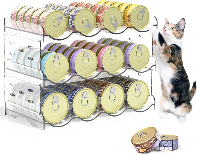 Flenpptly Cat Food Can Organizer, 3-Tier Cat Food Organizer | Transparent Can Organizer for Pantry, Canned Food Organizer Holds 60 (3oz) Cans, Pantry can Organizer (3-Tier 4-Can)