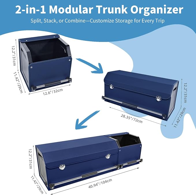 Leather Car Trunk Organizer SUV Trunk Organizer Car Trunk Storage Organizer | Large Trunk Organizer with Lid and Sturdy Handle Car Cargo Storage Box (Blue, 41 x 11.4 x 12.2in)