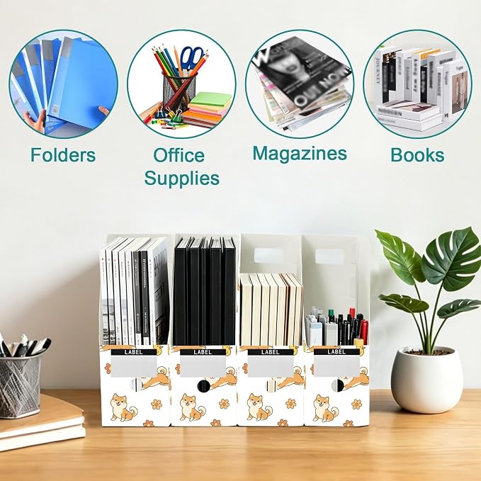 Emelivor Cute Pets Dogs White Pattern Magazine Holder Set of 3 Desk File Organizer Water-resistant Vertical Folder Holder with Labels for Office Organization File Box for Classroom and Home