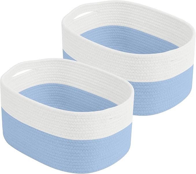 ECDYQXVU 15x10x9 Inch Woven Cotton Rope Storage Basket, 2 Pack | Foldable Design, Built-in Handles, Space-saving Organizer for Living Room, Bedroom, Laundry, Shelves, Clothes, Towels