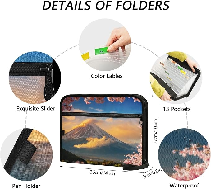 Mount Fuji at Sunset Expanding File Folder with Sticky Labels, 13 Pockets Accordion File Folder Document Organizer Expandable Zip File Folder with Zipper Closure