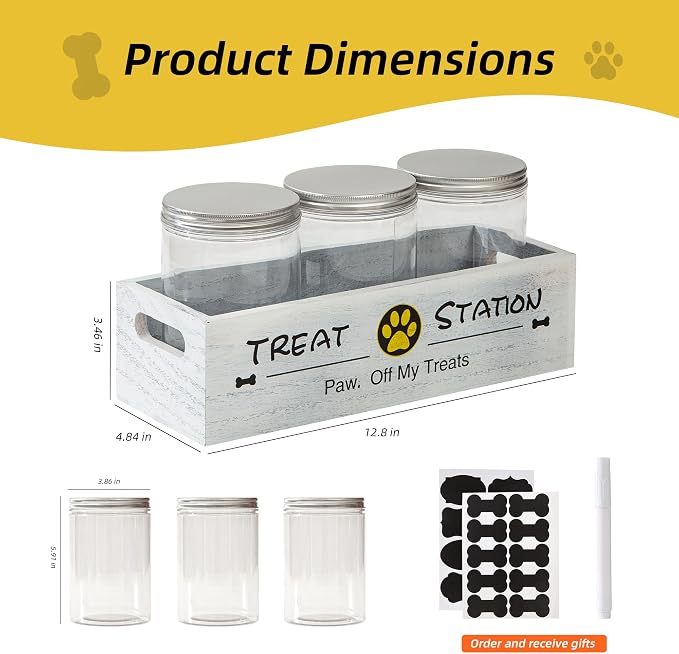 Dog Treat Container with 3 Airtight Jars and Wooden Tray, Labels and Marker | Reusable Write-On Stickers, Built-In Handles, Clear Pet Food Storage Canisters for Countertop, Farmhouse Decor for Pet Owners