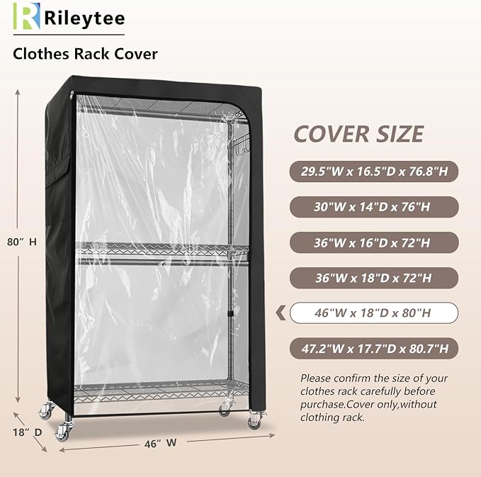 Rileytee Garment Rack Cover,600D Heavy Duty Waterproof Clothing Rack Cover,Clothes Rack Cover with Zipper for Metal Garment Rack（Clear Front,46"W x 18"D x 80"H,Cover Only)