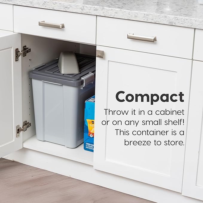 IRIS USA Dog Food Storage Container, Up to 30 lbs, Gray/Dark Gray | Made in the USA, Comes with 2-Cup Scoop, Stacklable, BPA-Free, 4 Secure Latches, Bird Seed, Chicken Feed, Pellets, Camping