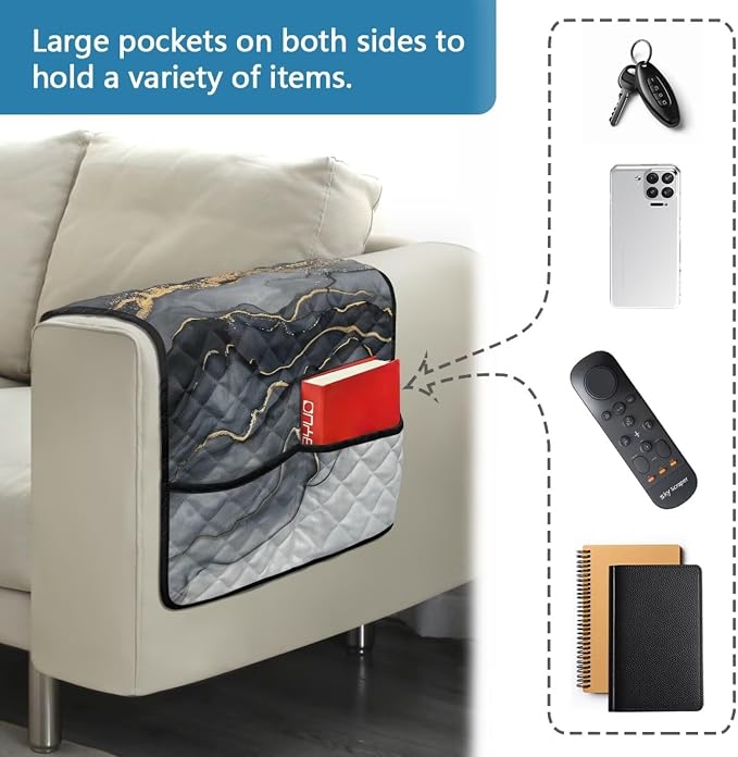 Grey Marble Stretch Sofa Armrest Covers Arm Cover for Chairs Anti-Slip Couch Armrest Covers with 2 Pockets Furniture Armrests Protector for Sofa Couch Chair Recliner