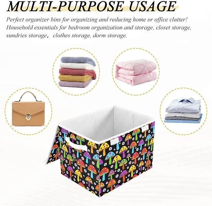 Mushroom Floral Storage Bin Foldable Collapsible Fabric with Lid Handles | Decorative Storage Boxes, 300D Oxford Cloth, Hollow Board Frame, Flip Top Velcro Lid, 16.5x12.6x11.8 inch, Collapsible Design
