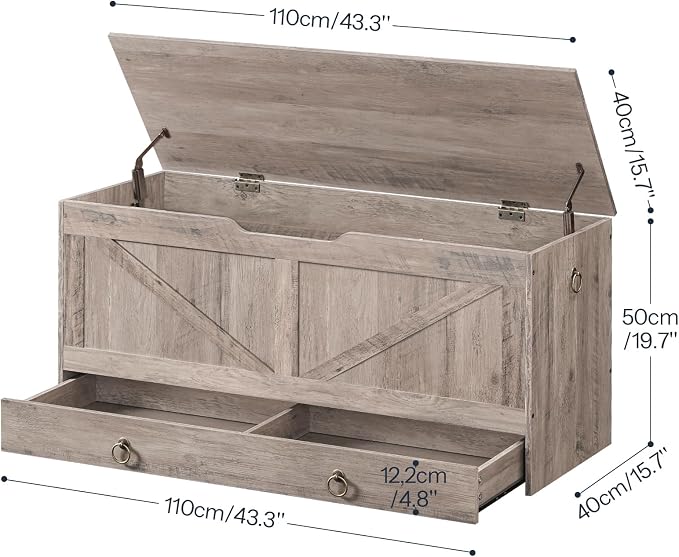 HOOBRO Storage Chest, 43.3" Toy Chest with Drawer, Wooden Storage Bench, Sturdy Entryway Bench Supports 220 lb, Shoe Bench, Safety Hinge, U-Shaped Opening, Easy Assembly, Greige BG711CW01G2