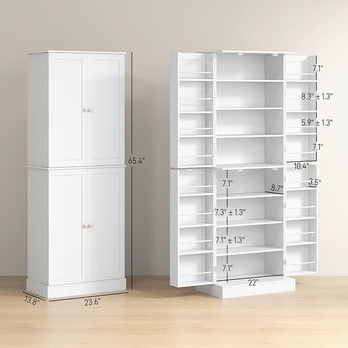 HOMCOM 65" Kitchen Pantry Storage Cabinet 16 Door Shelves White | Freestanding Kitchen Cabinet, 4 Doors, 8-Tier Shelving, Adjustable Shelves