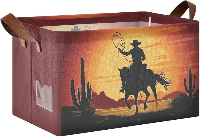 Sunset Western Cowboy with Horse Storage Basket Foldable Cube Storage Bins with Handles&Label Collapsible Organizer Box Bin Large Rectangle Decorative Baskets for Shelves Home Living Room Closet