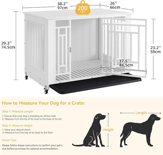 DWVO 38 Inch Dog Crate Furniture with Wheels & Removable Tray | Dog Kennel Indoor Heavy Duty End Table for Large Medium Dogs, Decorative Wooden Dog Cage Table, Chew-Resistant, White