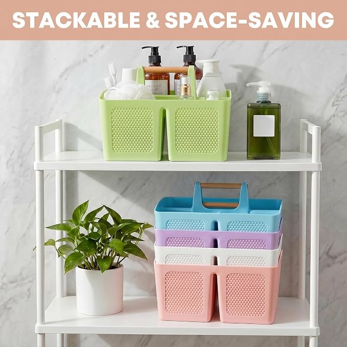 Haundry Plastic Green Shower Caddy Basket with 3 Compartments, Portable Divided Bathroom Cleaning Caddy Organizer Storage Tote with Handle for Dorm, College, Room Essentials
