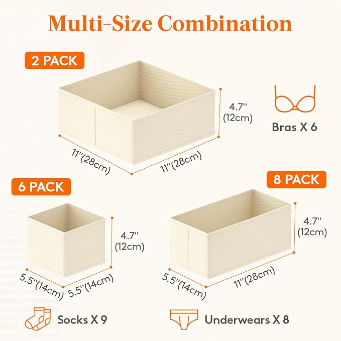 Lifewit Drawer Organizer Clothes for Closet, Khaki, 16 Pack | 3 Sizes Underwear Wardrobe Drawer Dividers, Fabric Foldable Dresser Storage Organizer Bins for Sock, Bra, Lingerie, Undies