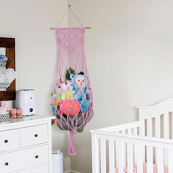 63 Inch Stuffed Animal Hammock Corner,Macrame Toy Plushie Net,Pink | Wall Ceiling Over Door Hanging Net for Stuffed Animals,Stuffy Storage Display w/ Star Lights,Nursery Playroom Kid Room Decor