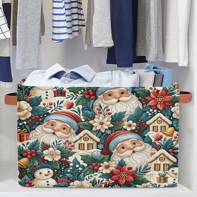 Christmas Basket Storage Bins Rectangle Canvas Basket Cube Storage Box | Nursery Foldable Basket with Handle for Kids Girls Boys Toys Living Room Closet Organizer Shelf Gifts Poinsettia Santa Claus