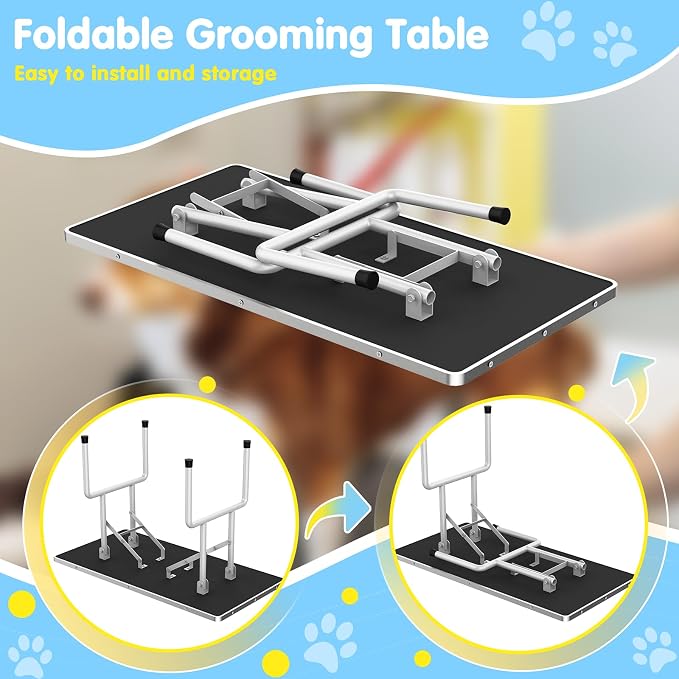 42'' Foldable Dog Grooming Table with Arms/Nooses/Mesh Tray, Black | Stainless Steel Grooming Table for Dogs at Home, Adjustable Pet Bathing Station, Non-Slip Waterproof Tabletop, Capacity 330Lb