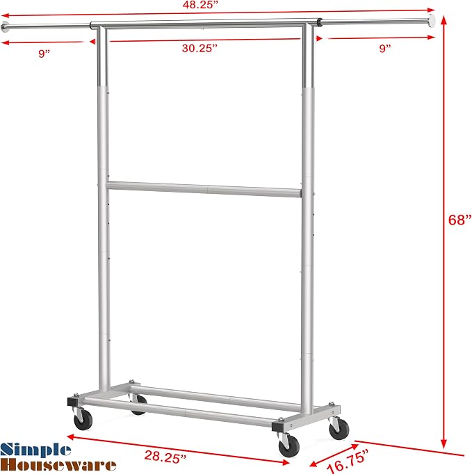Simple Houseware Double Rod Adjustable Clothing Garment Rack, Grey | Extendable Width from 30 to 48 Inches