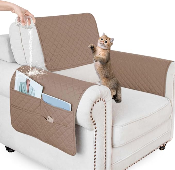 Large Polyester Armrest and Headrest Covers with 2 Pockets | Soft, smooth polyester resists daily wear nonslip silicone backing helps shield recliners and sofas from pet scratches