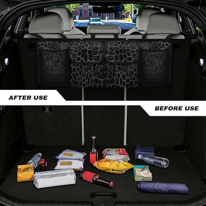 Dreaweet Black Leopard Print Trunk Organizer for Car Women Collapsible Car Trunk Organizer Storage for SUV Cheetah Car Accessories Car Rear Seat Back Storage Bag Multi Hanging Pocket Organizer