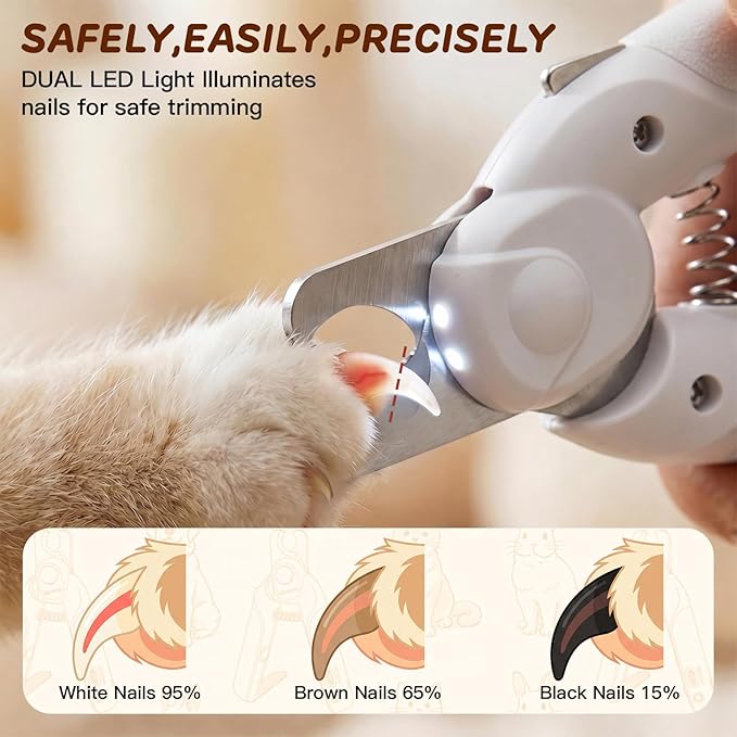 Dual-LED Pet Nail Clippers with Stepless Brightness Adjustment, Side Lock & Retractable File, Anti-Slip Handles for Dogs and Cats (White)