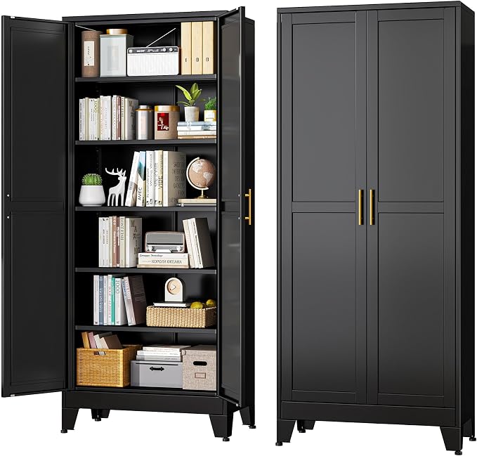 Black Metal Storage Cabinet,75" Steel Cabinets for Home Office | Kitchen Pantry Storage Cabinet with Doors and 5 Adjustable Shelves, Tool Cabinets, for Office, Home, Garage, School
