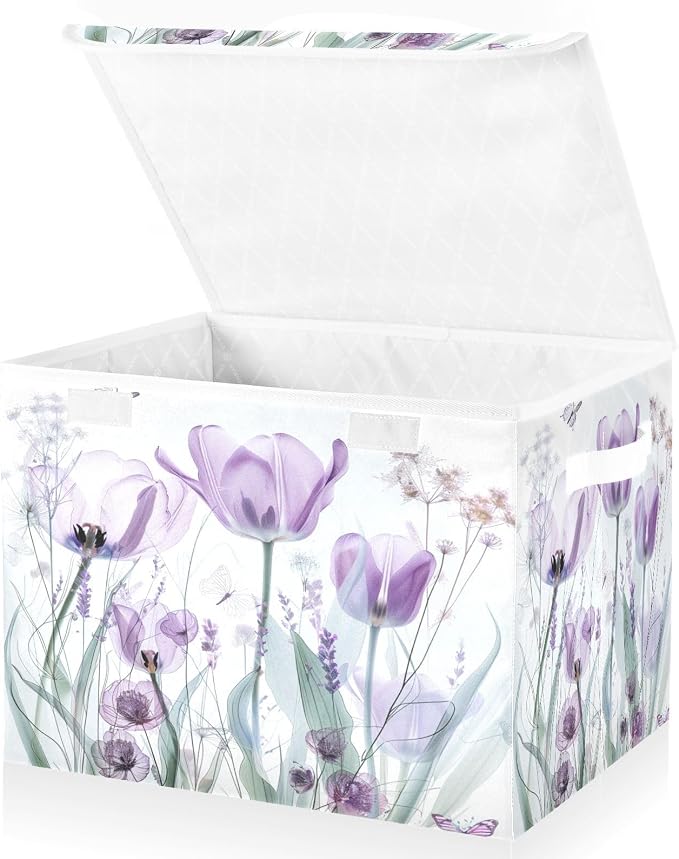 senya Baskets Collapsible Storage Bins with Lids, Purple Tulips Flowers Pastel Storage Boxes Clothes Baskets for Organizing, B06D22020