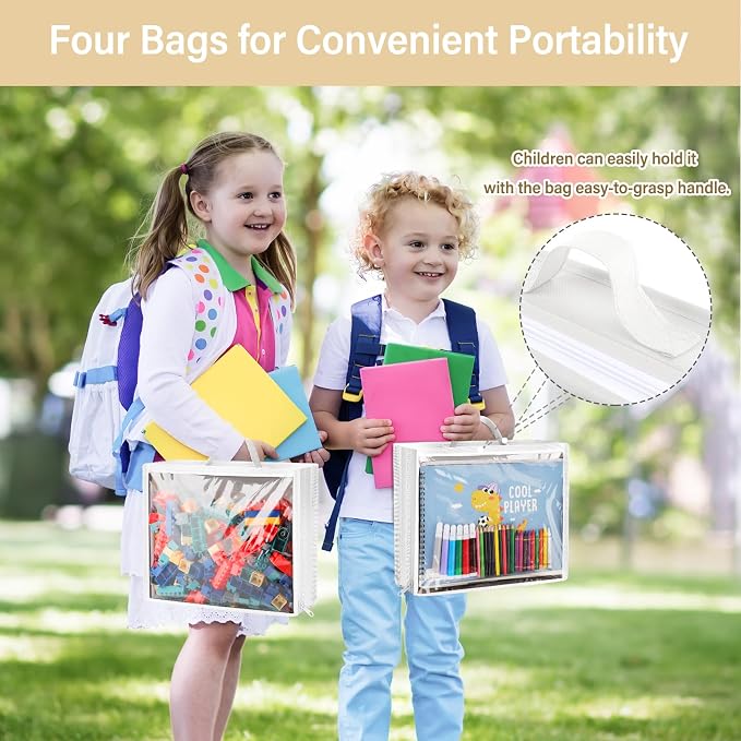 Over Door Toy Organizer, Hanging Stuffed Animal Storage with Removable Bags | White Toy Storage Case Behind Door for Block, Puzzle, Bi-Fold Closet Holder Idea with Mesh Pocket, Kid Boy Girl Nursery Room