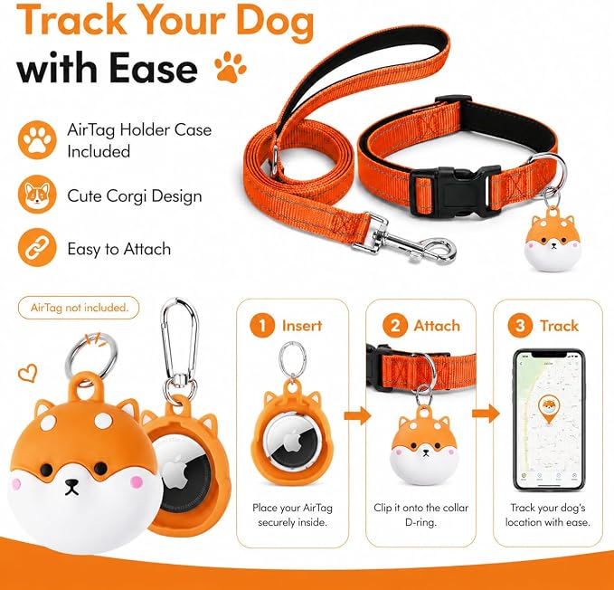 Reflective Soft Neoprene Padded Matching Dog Collar with Leash Airtag Holder Case Set Safety Breathable Adjustable Nylon Dog Collars for X-Small Small Medium Large Dogs-Orange-M