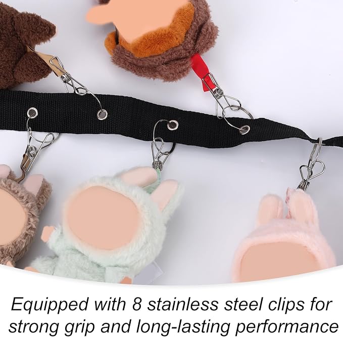 2pcs Stuffed Animal Storage Chain, Plush Toy Hanging Display Strap with 8 Metal Clips Wall & Over Door Organizer Holder for 5.9-6.69in or Hats Scarf Nursery Playroom Decor (Black)