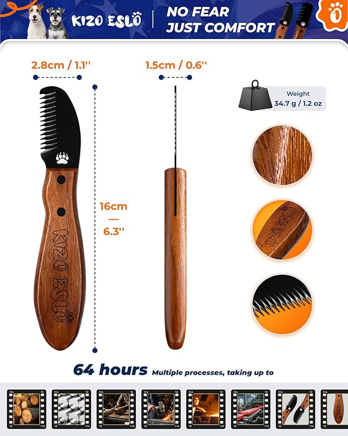 Stripping Knife for Dogs – Gentle Hand Stripping & Carding Knife for Terriers & Double-Coated Breeds, Solid Sapele Hardwood & Black Oxide Stainless Steel,Easy to Clean,Dog Grooming Tool(Right-Handed)