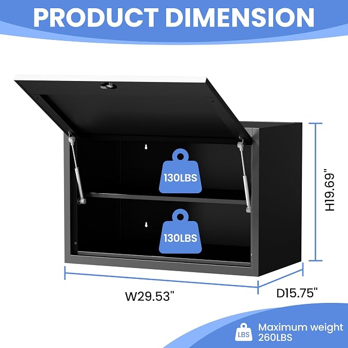 Metal Storage Cabinet for Garage, Tool Cabinet, Utility Cabinet | Wall Mounted, Hanging Tool Cabinet, Lockable, Flip-up Cabinet Door, 2 Tier Shelf, Assembly Required, Black
