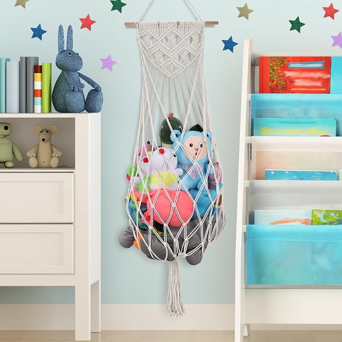 63 Inch Stuffed Animal Storage Hammock Corner, Stuffy Plushie Net,Cream | Wall Ceiling Over Door Hanging Toy Hammock for Stuffed Animals,Plushies Organizer w/ Star Lights,Nursery Kid Room Decor Gift