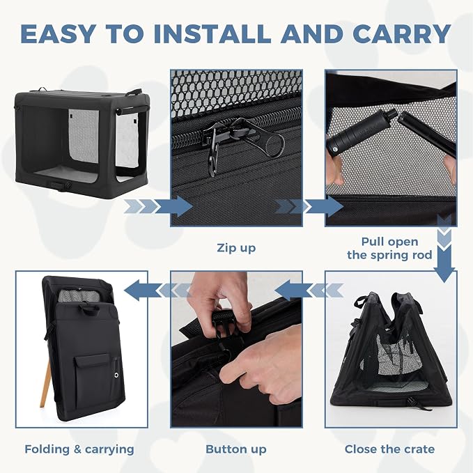 DUMOS Soft Dog Crate 24 Inch, Small Foldable Outdoor Cat Carrier | Foldable Portable Design, Indoor Outdoor Travel Kennel, Storage Bag, Washable Pad, Black