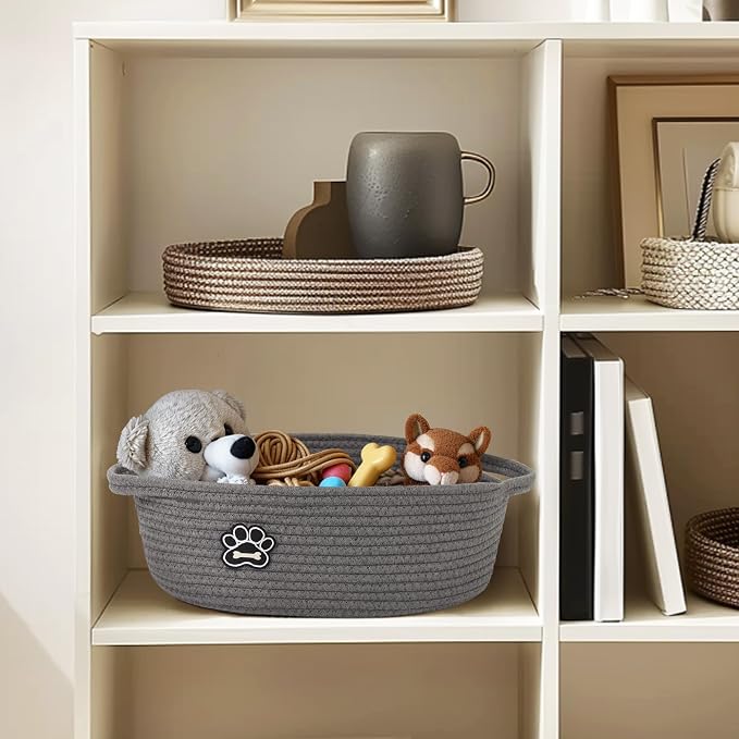 Small Dog Toy Basket, Soft Cotton Rope Dog Cat Toy Bin, Woven Storage Holder for Living Room Nursery, Cats Pet Gift Basket Empty, Decorative Wicker Storage Box with Handle, 13"x 9"x 5" (Grey)