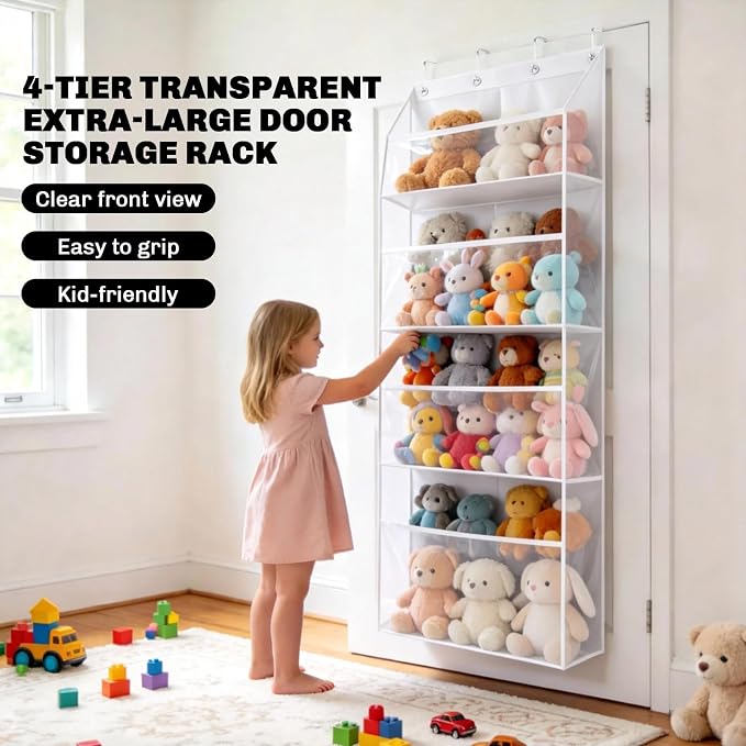 Heavy-Duty Plush Toy Storage Rack, 4-Tier Transparent Extra-Large Door-Mounted Storage Rack with Deep Pockets, a Great Helper for Baby Storage, Children's Plush Toy Storage Bag, White